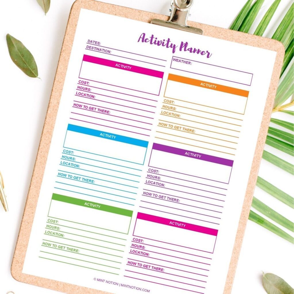 travel activity planner printable