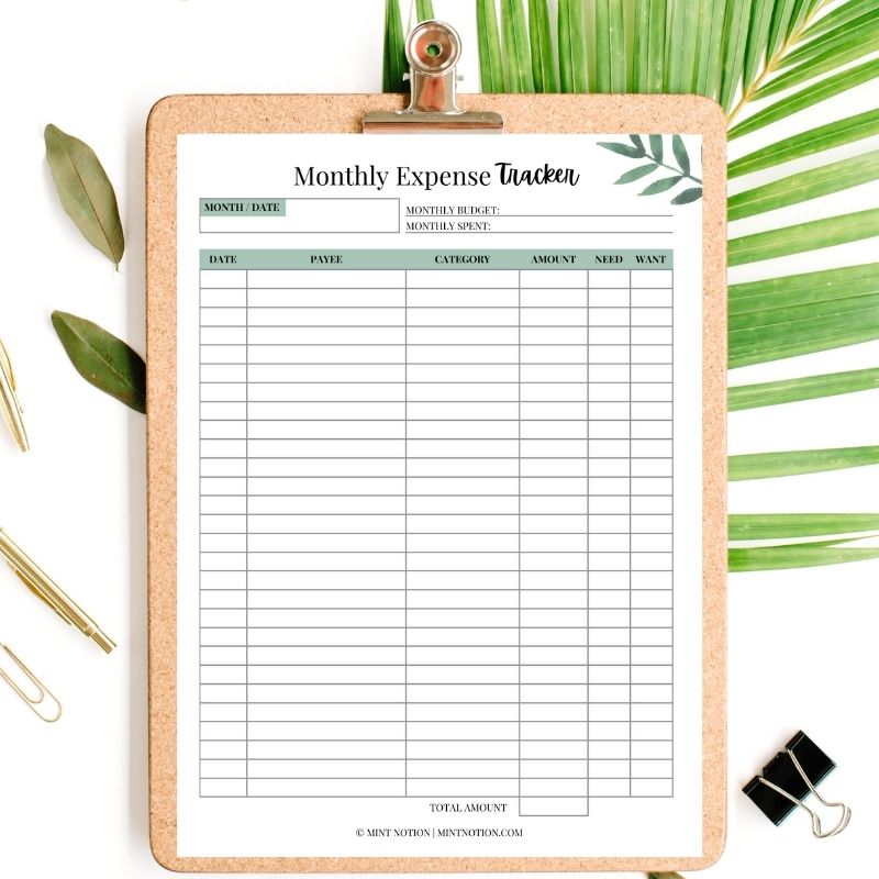 monthly expense tracker printable - mint notion