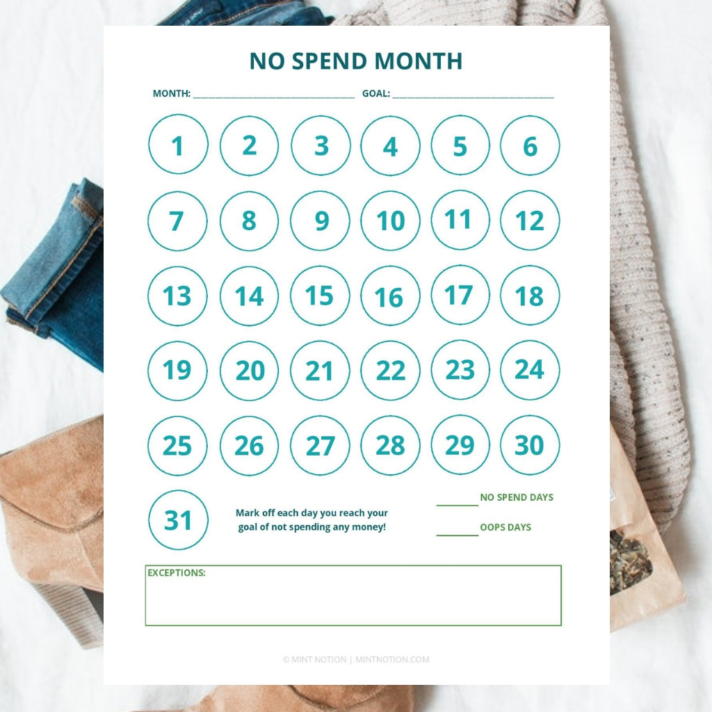 no spend month printable Mint Notion