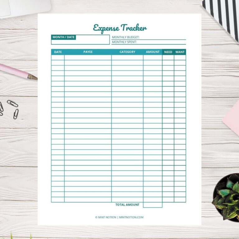 monthly expense tracker printable Mint Notion