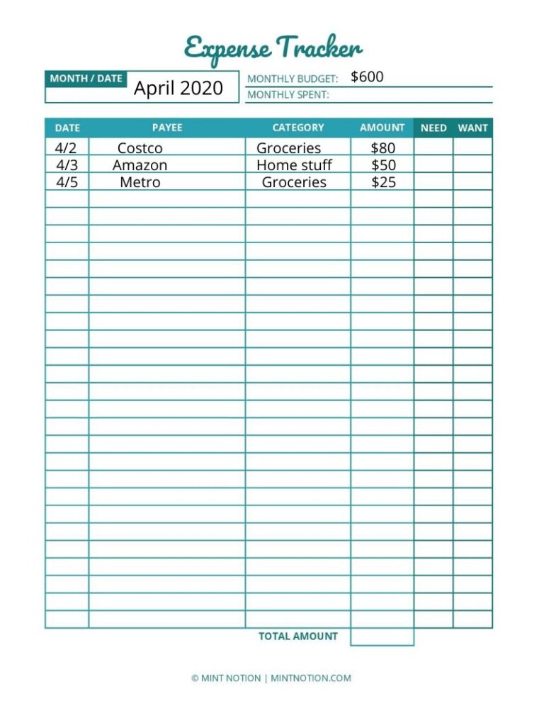 monthly expense tracker printable (1) Mint Notion