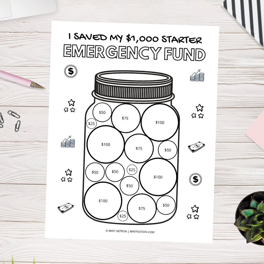 $1,000 starter emergency fund printable - Mint Notion