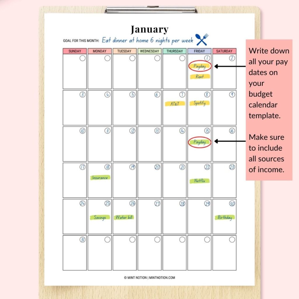 finance calendar printable