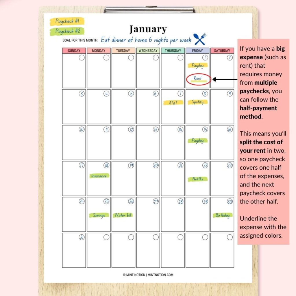 budget calendar half payment method