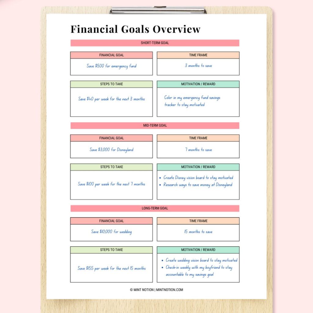 financial goals printable