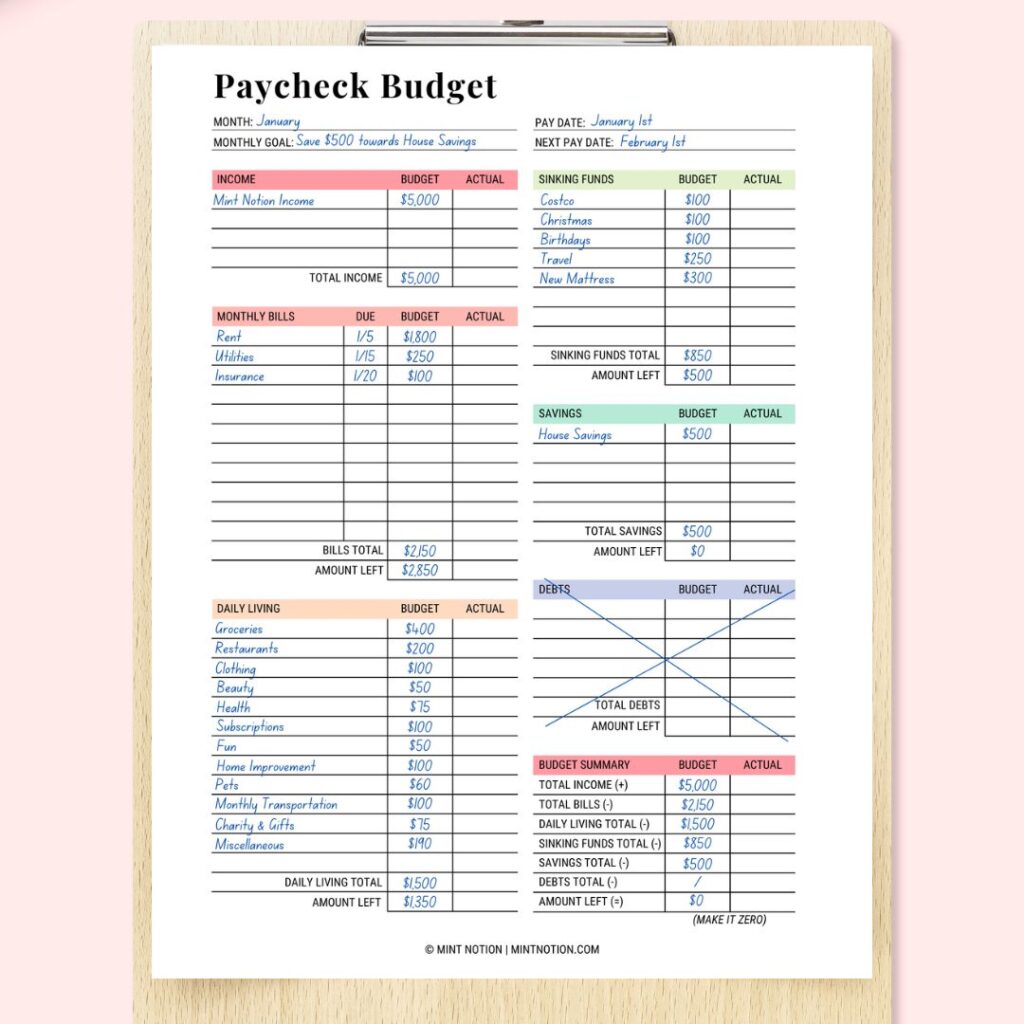 paycheck budget template printable