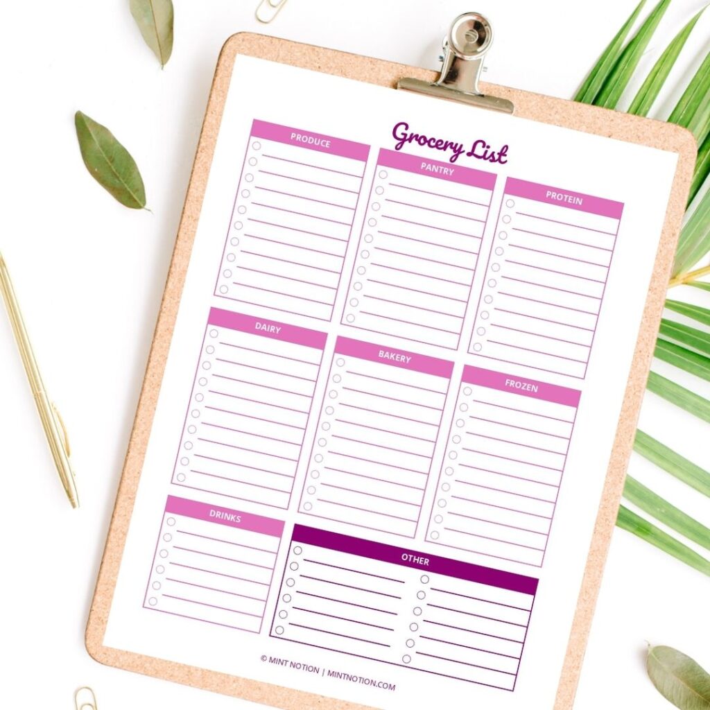 grocery list template printable