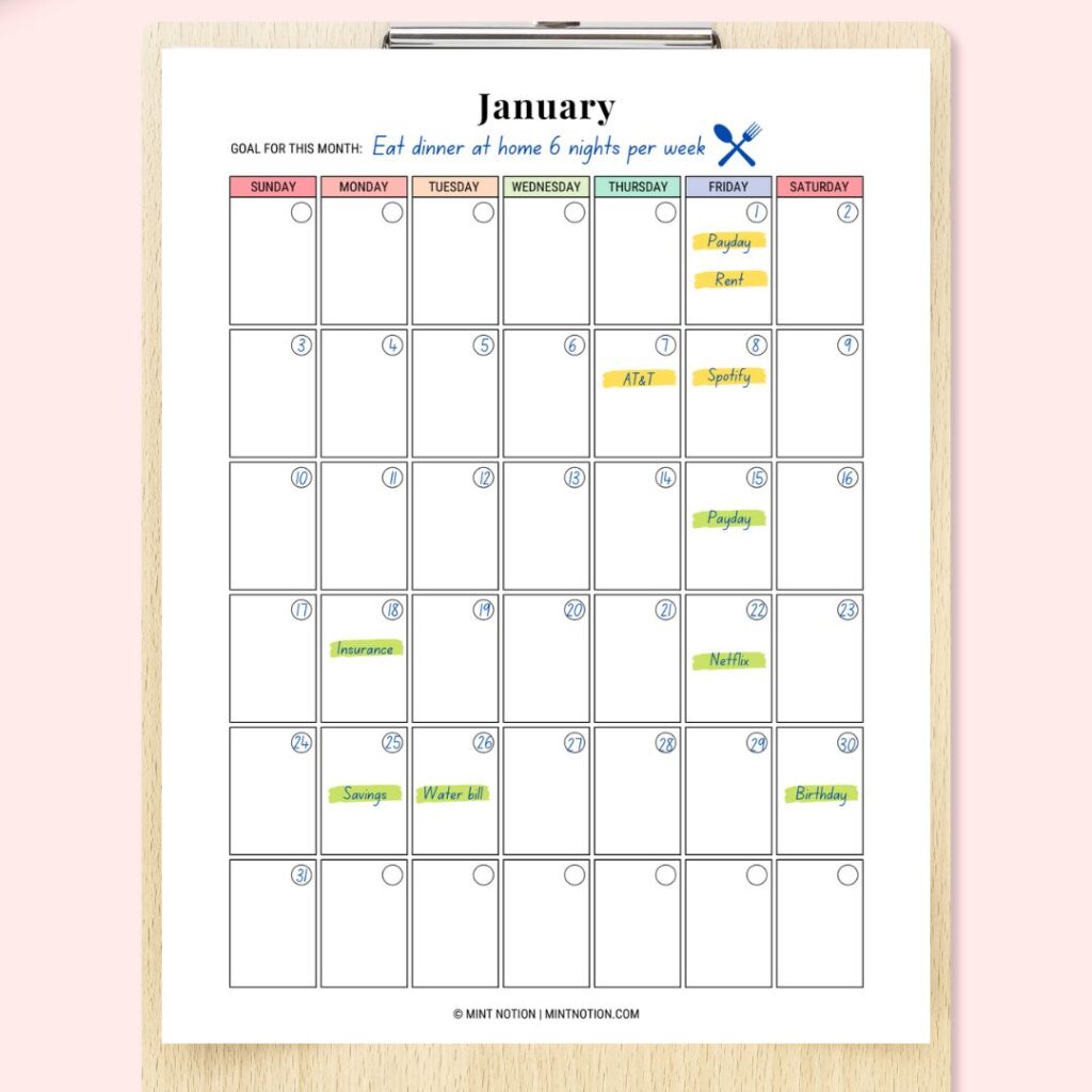 budget calendar printable