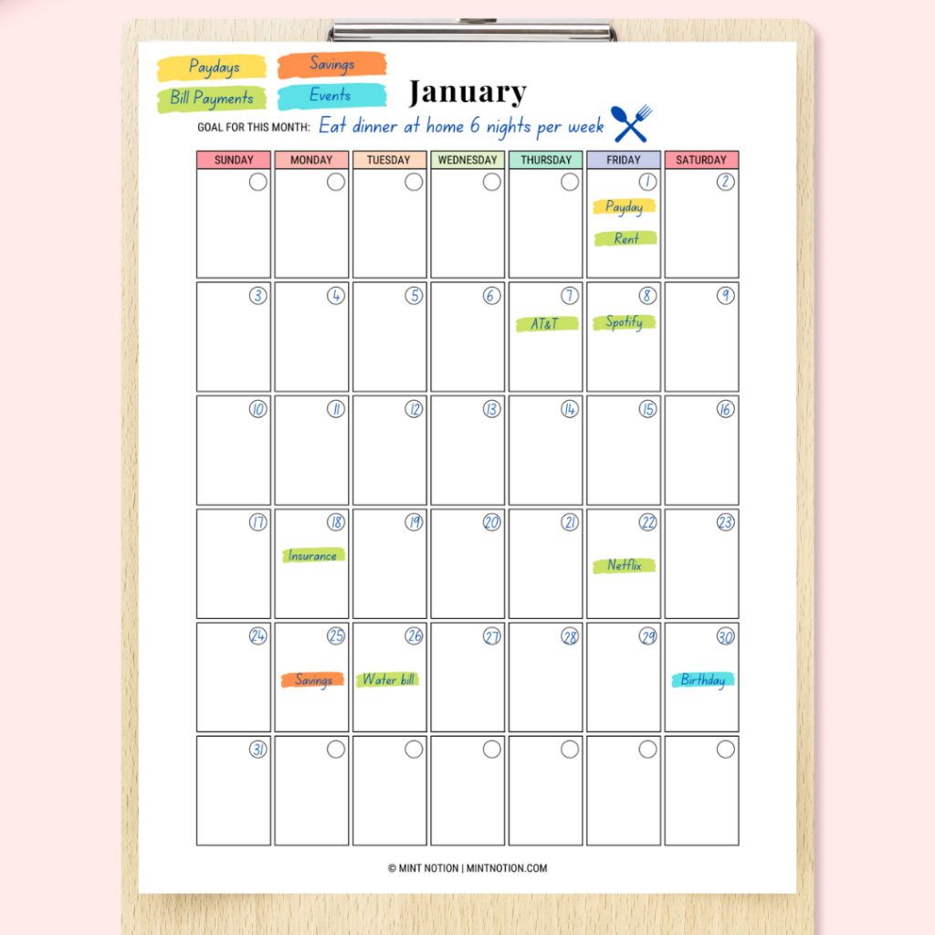 budget calendar printable - irregular income