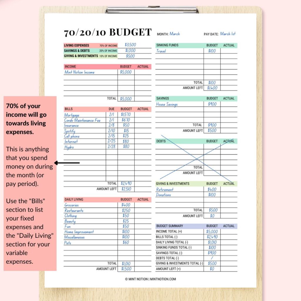 70-20-10 budget printable