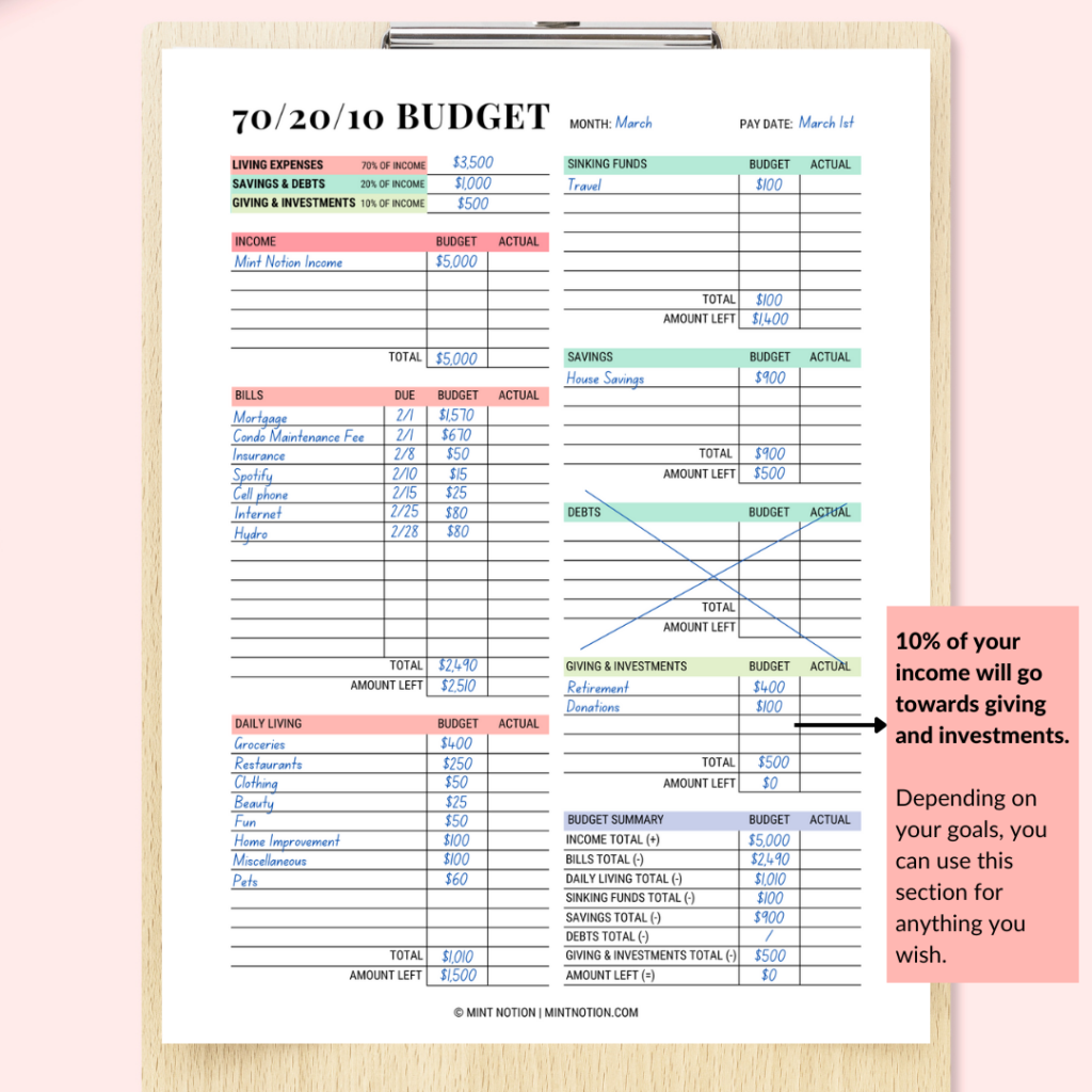 70-20-10 budget printable