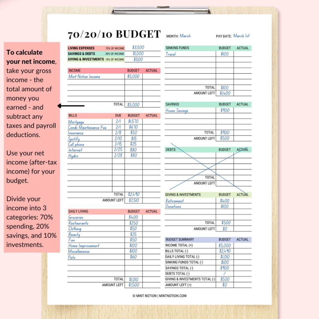 70-20-10 budget printable