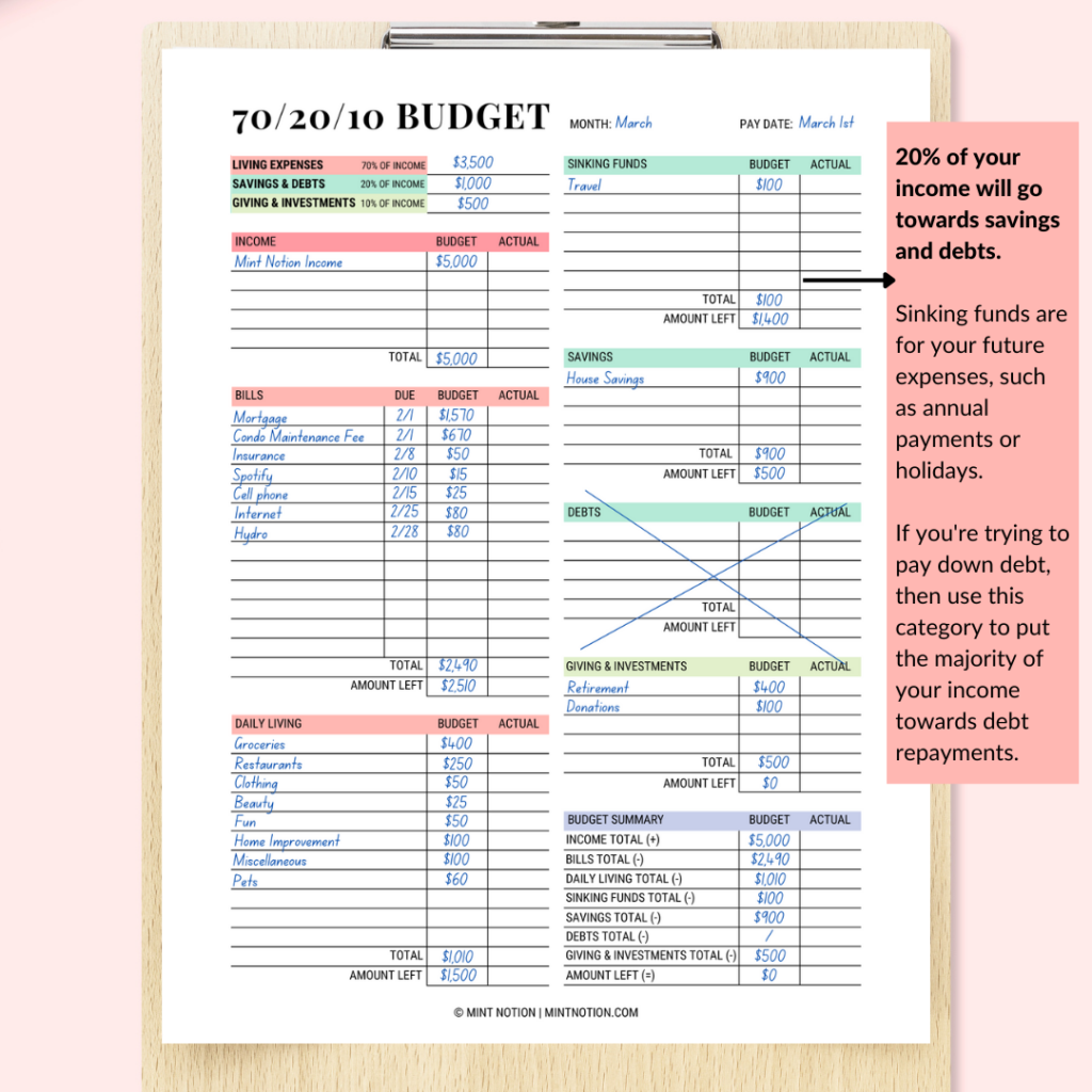 70-20-10 budget printable