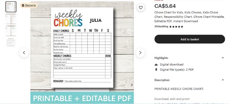 best-selling printables on etsy - chore charts